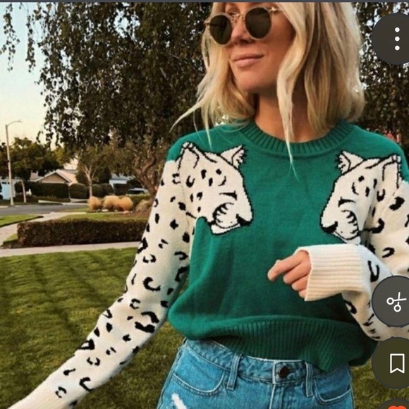 MINKPINK Sweaters - MINKPINK Green Crewneck Sweater with White snow Leopard-Print Sleeves Sz M